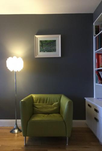 Green leather armchair and standing lamp