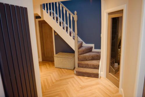 Chevron floor hall deep blue feature wall